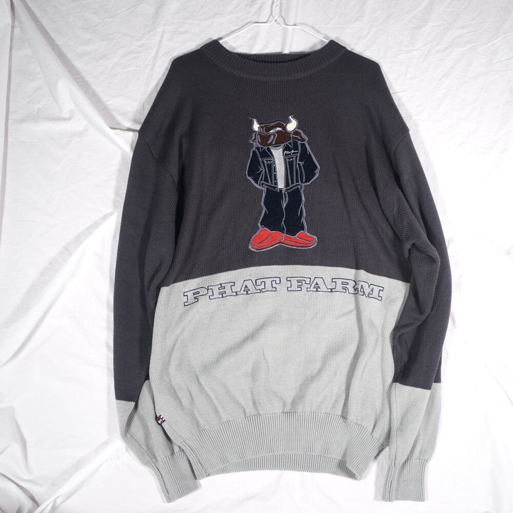 Phat Farm Sweater Animal Bull Logo Vintage Y2K Knit Pullover XL Navy Blue Gray
